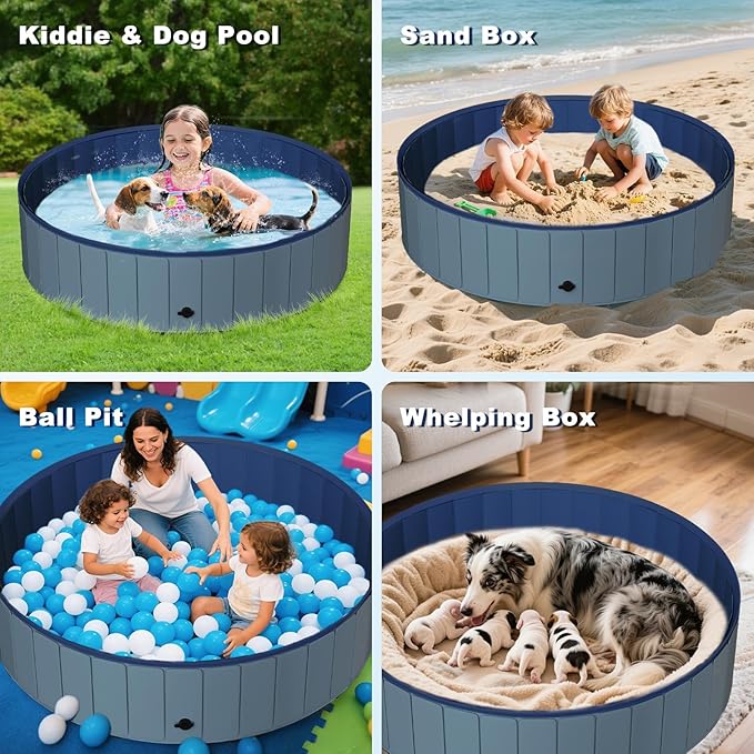 UCCY Foldable Dog Pool for Large Dogs Hard Plastic Kiddie Swimming Pool Non-Slip Portable Dog Bathtubs Collapsible Multi-Use Whelping Box Ball Pit Outdoor Pool for Backyard Duck Pond Grey XXL-72"x12"