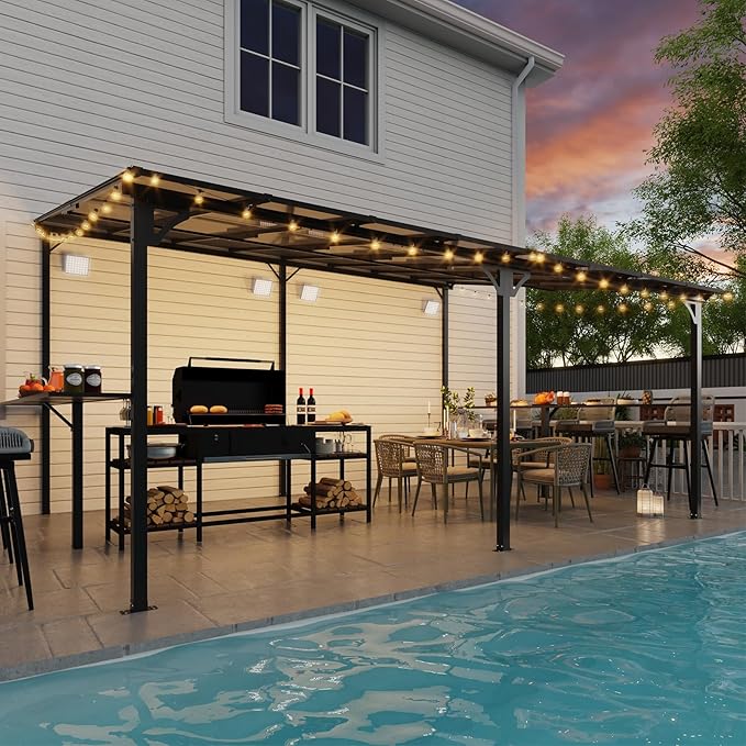 MEISSALIVVE 12' x 16' Wall Mounted Gazebo, Outdoor BBQ Grill Gazebo with Side Shelf, Lean to Metal Awnings with Sloped Roof, Heavy Duty Pergola for Backyard, Deck, Black