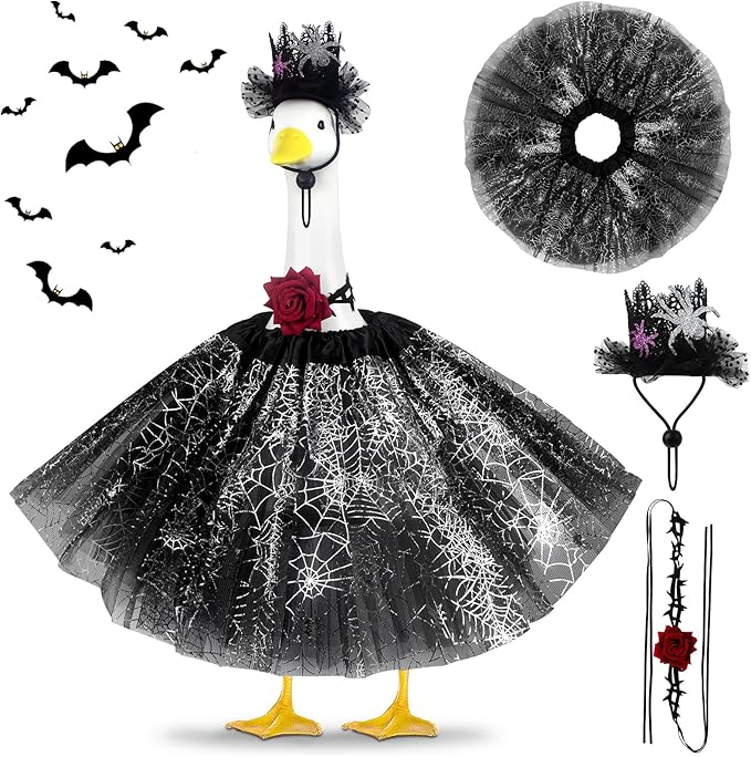 Halloween Porch Goose Outfits and Goose Clothes Fits 23" Plastic Cement Statues, Black Goose Outfit Costume with Rose Necklace for Outdoor Patio Yard Lawn Party