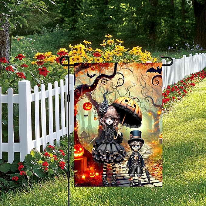 Halloween Horror Garden Flag 12x18 Inch Gothic Doll Pumpkin Umbrella Skull Boy Flag Outdoor Yard Decoration House Banner Porch Lawn Patio Home Decor