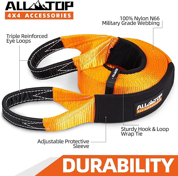 ALL-TOP Recovery Snatch Strap, 3in x 30ft - 35000Lbs, Heavy Duty 100% Nylon Kinetic Towing Recovery Strap with 22% Elongation & Reinforced Loops