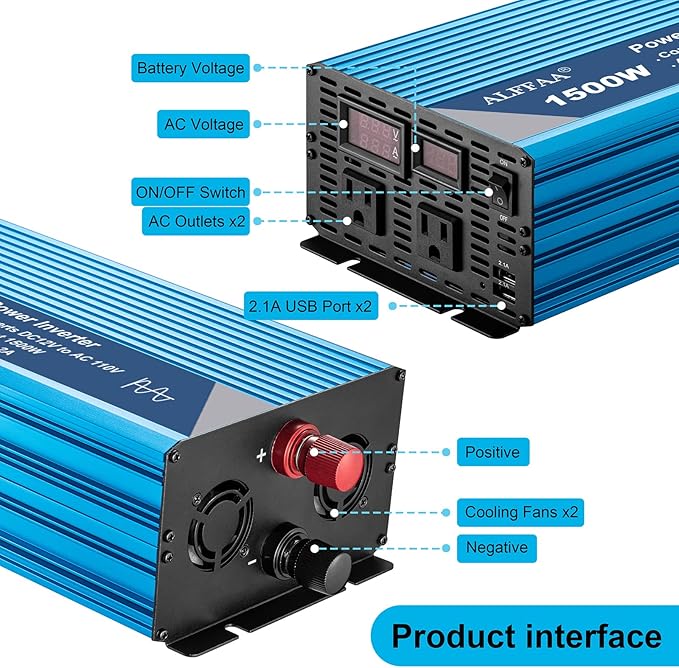 1500W Pure Sine Wave Inverter 12V to 110V with Built-in 5V/2.1A USB Port,Hardwire Terminal, LCD Display,12V DC to 120V AC Converter for Home, RV, Truck (1500W)