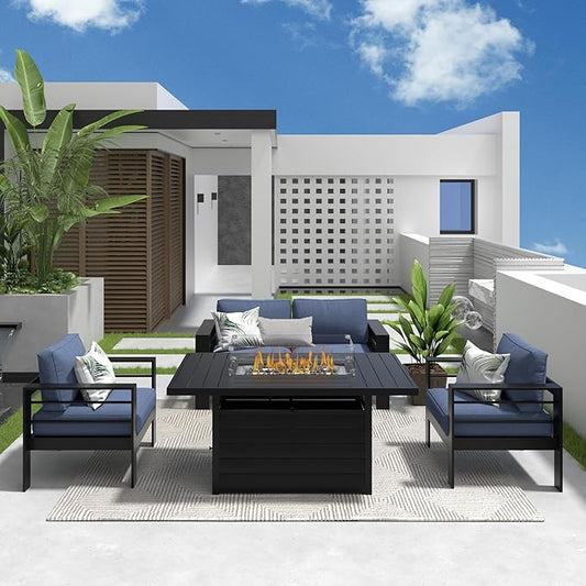 Solaste Aluminum Patio Furniture Set with Fire Pit Table, 4 Piece Metal Outdoor Furniture with Water-Resistant Cushions, Modern Patio Conversation Set for Balcony, Front Porch, and Backyard,Blue