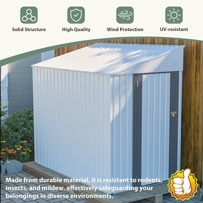 4x8 FT Outdoor Storage Shed,Lean to Lockable Metal Garden Shed Steel with Reinforced Beams,All Weather Waterproof Storage House W/Lockable Door&2 Air Vents,for Backyard,Patio,Lawn,Garden,White