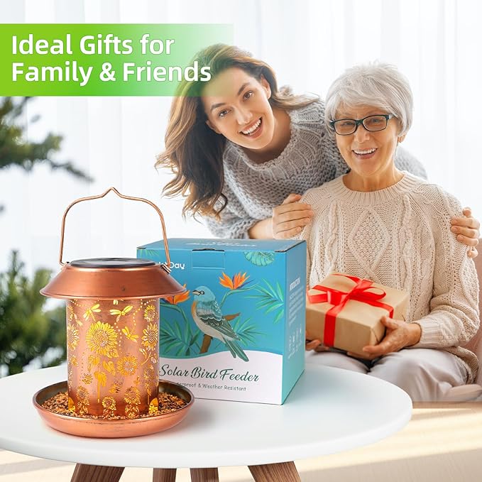 Solar Bird Feeders Outdoors Hanging Solar Lanterns Outdoor Waterproof Metal Wild Bird Feeder Decor Garden Gifts for Women Mom Bird Lovers,Decoration for Yard,Patio,Lawn