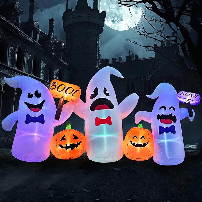 8FT Long Halloween Inflatable Ghosts and Pumpkins, 3 Blow Up Ghosts Inflatables with 2 Pumpkin Built-in LED Lights for Halloween Party Yard Garden Lawn Decorations