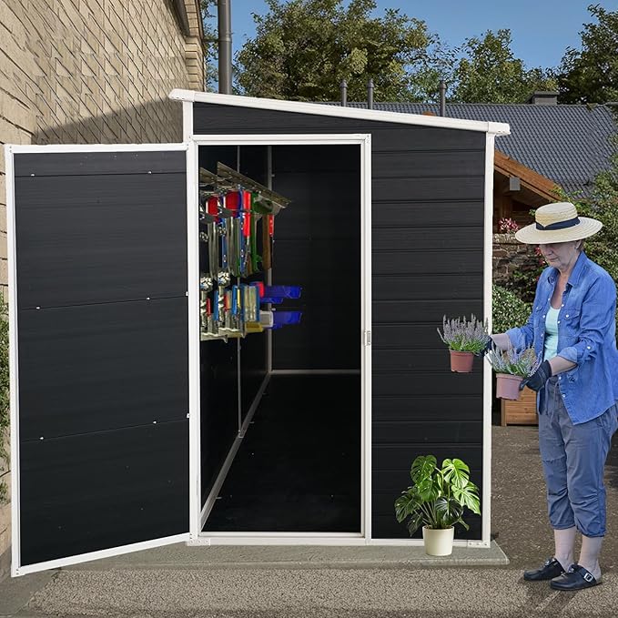 LANTRO JS Outdoor Storage Shed with Floor Included, 4x8FT Plastic Storage Shed with Floor with 2 Windows and Lockable Door, Backyard Storage Sheds for Garden Tools, Bike