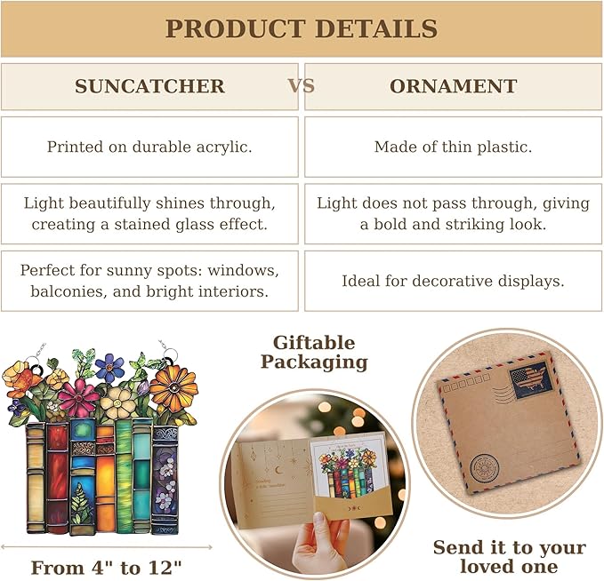 Flower and Books Bookish Acrylic Suncatcher Stained Glass Effect Window Car Hanging Christmas Ornament Indoor Outdoor Decor Garden Bookworm Sun Catcher Book Lover for Women Mom Grandma