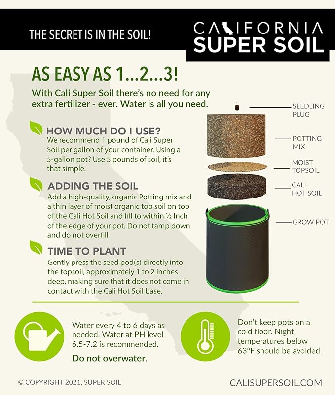 California Hot Soil Premium 100% Organic Super Soil Kit, 18+ Nutrient Blend - No Need for Nutrients or Plant Food Ever - Includes (2) 6 Lbs Bag of CaliHotSoil, (4) 3-Gallon Pots, (5) Rapid Rooters