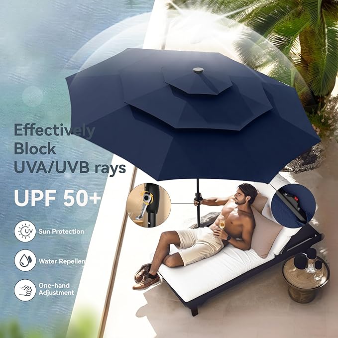 PHI VILLA 10ft Patio Umbrella with Light, Outdoor Large Auto-Tilt 3 Tier Market Table Umbrellas with 8 Sturdy Ribs and 1.5" Pole for Lawn Poolside Garden Terrace,Navy Blue