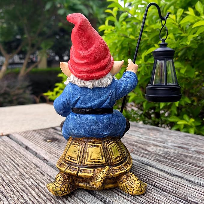 Garden Gnome Statue Riding Turtle - Garden Gnomes Decorations with Solar LED Lights, 7.9" Outdoor Resin Figurine Ornament for Patio, Yard, Funny Lawn Decor (Colored)