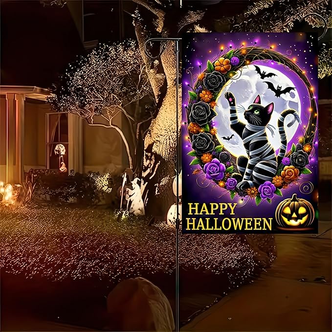 Trick or Treat Halloween Garden Flag for Outside, Black Cat Garden Flag 12x18 Double Sided Vertical Kitten Yard Flag for Outside Halloween Winter Lawn Farmhouse Patio Banner