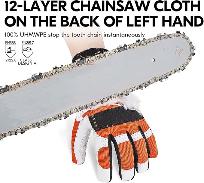 Vgo... 1Pair Chainsaw Gloves, 12-Layer Chainsaw Protection on Left Hand Back,Goat leather Work Gloves, Mechanic Gloves
