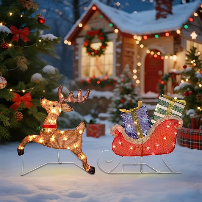 Prsildan Christmas Lighted Decoration 25" x 44" Reindeer, 50 Lights Christmas Reindeer with Sleigh & Gift Boxes, Light up Decorations for Indoor Outdoor Home Kitchen Yard Garden Holiday Party