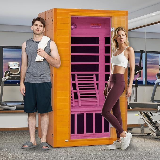 Real Relax Home Infrared Sauna, 1-2 Person Canadian Hemlock Wood Indoor Dry Saunas Room with Low Emf Red Light Therapy with Bluetooth Speakers, 9-Color Chromotherapy Lights