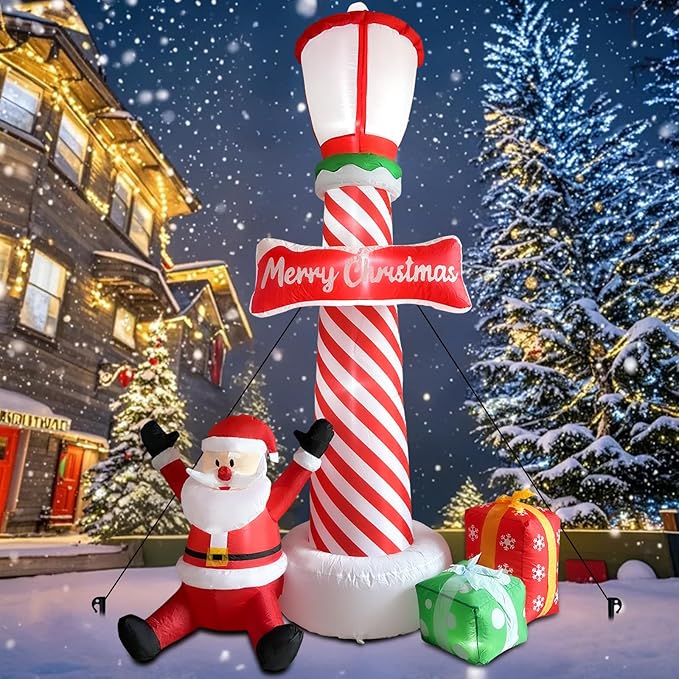 ZXSWONLY 8.1ft Christmas Inflatable Lighthouse with Santa Claus and Gift Box, Christmas Inflatable Lighthouse with Built-in LED Lights for Holiday Party Outdoor Garden Yard Lawn Decoration