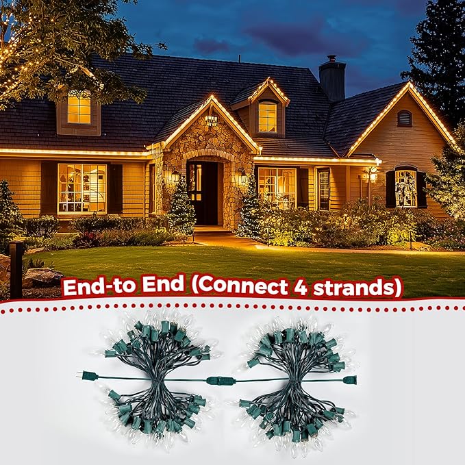 Minetom C9 Clear Christmas String Lights, 50FT 50 Bulbs Bright & Warm Outdoor Christmas Lights, Long Life C9 String Lights for Tree Patio Gazebo Wreath, Green Wire