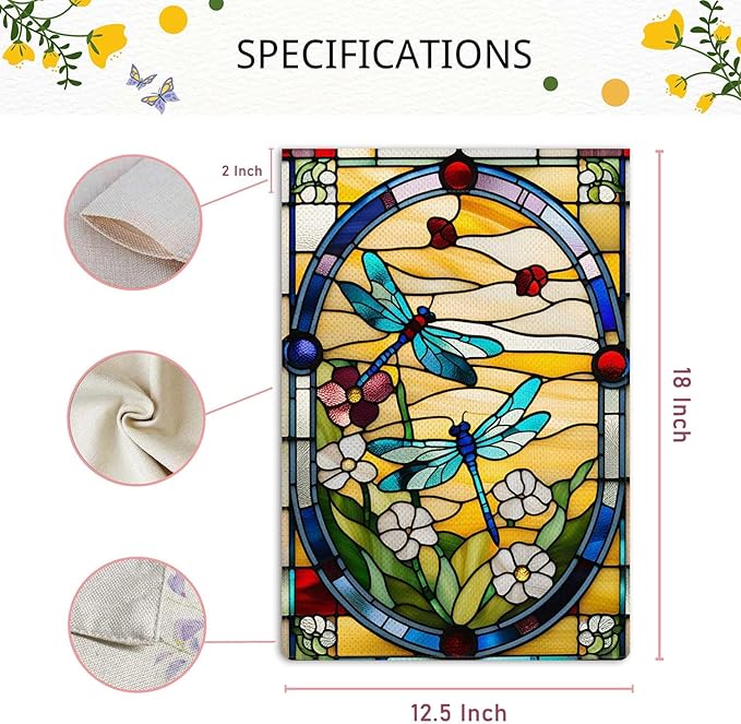 Spring Summer Dragonfly Garden Flag Stained Glass Style Floral Flowers Garden Flag Vertical Double Sided Rustic Farmland Burlap Yard Lawn Outdoor Decor 12.5x18"
