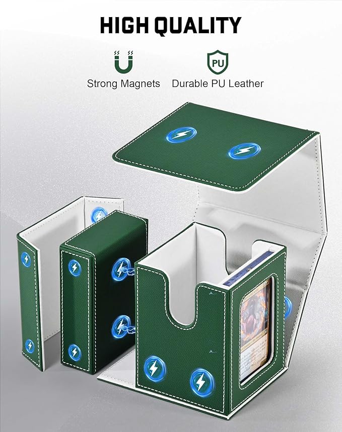 ZLCA Card Deck Box with 2 Dividers, Deck Storage Case Fits 100+ Single Sleeved, PU Leather TCG Card Case Holder for Magic Commander Yugioh (Green& White)