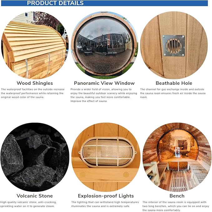 ZONEMEL Barrel Steam Sauna Room with Panoramic View, Canadian Red Cedar Outdoor Sauna with Wood Shingle Roof, Wood-Fired Stove, 8 Person, 8mm Tempered Glass