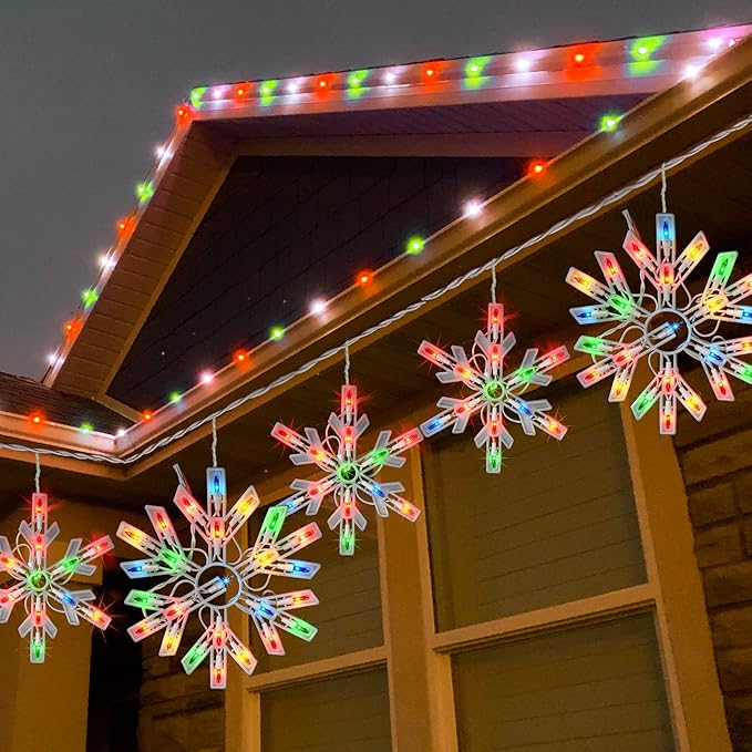 Dazzle Bright Christmas Snowflake Lights Outdoor,100 Count 8.5FT Connectable Waterproof Christmas Icicle Lights with 6 Drops Plug in for Indoor Xmas Yard Home Decorations (Multi-Colored)