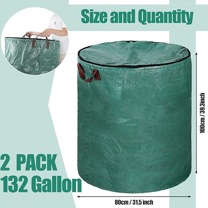 Kingdder 2 Pack 132 Gallon Reusable Yard Waste Bags with Lid and Handle Collapsible Extra Large Lawn Bag Holder Heavy Duty Leaf Bins Garden Container for Garbage Outdoor Clean Up Debris Leaves Grass
