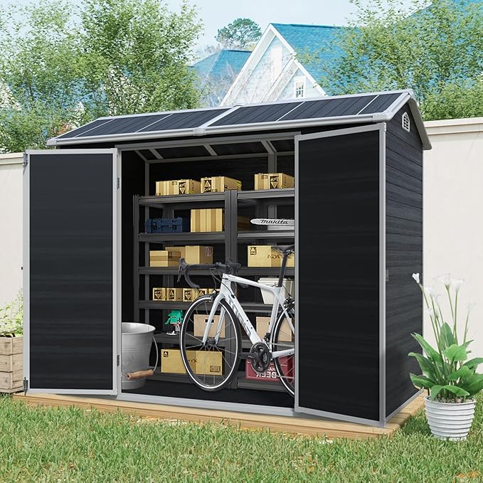 LANTRO JS Storage Shed with Floor Included, 4x8ft Outdoor Plastic Shed with 2 Windows and Lockable Door for Garden Tools, Bike