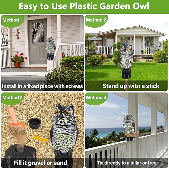 Owl Decoys to Scare Birds Squirrels Away, Rotatable Head Plastic Bird Deterrent, Waterproof Garden Owls Statue for Patio Yard Farm Protection Against Birds, Squirrels, Rabbits, Raccoons