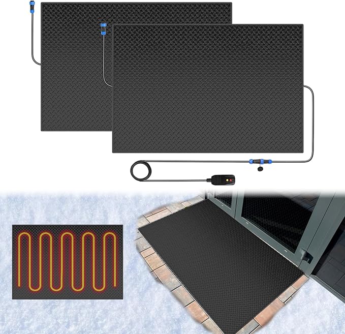 Snow Melting Mats Outdoor for Entrances, 30 x 48 in 2 Pack No-Slip Rubber Heated Outdoor Mats with 10 ft Power Cord, 3 in/h Speed Snow and Ice Melting Pads for Winter Roofs, Backyards Snow Removal