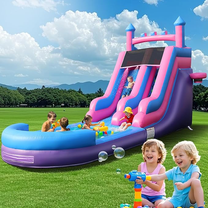 Inflatable Water Slide for Adults, 26FT 100% PVC Waterslide with Big Splash Pool, Widen Slide with Shallow Pool, 1100W Air Blower, Ideal for Backyard, Park (Purple Castle Design) 1