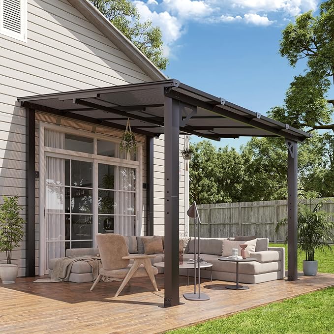 Aoxun 8'x 10' Premium Gazebo with Aluminum Top Frame & Polycarbonate Panel, Wall Mounted Gazebos Pergola, Outdoor Patio Lean to Gazebo, Awnings with Sloped Roof, for Backyard, Porch, Deck