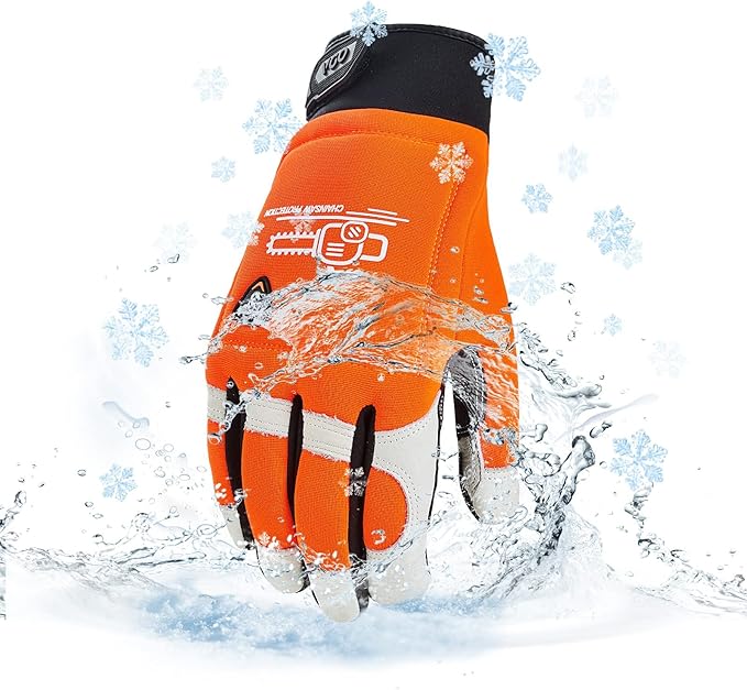 Vgo... 1Pair Chainsaw Winter Gloves,12-Layer Chainsaw Protection on Both Hands Back,Cow leather(S,Hi-Viz Orange,CA9760FLWP)