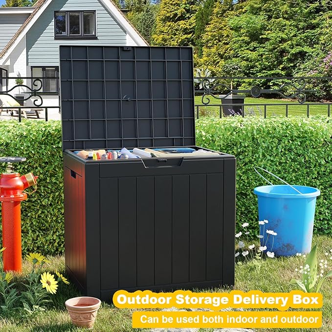 EasyUp 30 Gallon Outdoor Storage Box Waterproof, UV Resistant Outdoor Deck Box, Resin Lockable Deck Boxes for Garden Tools Equipment and Cushions (Striped Black)
