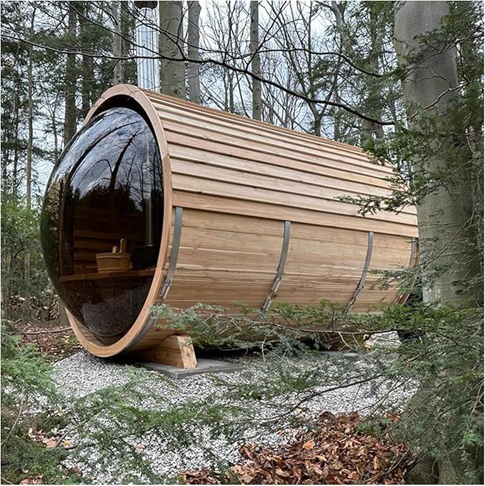 ZONEMEL Barrel Steam Sauna Room with Panoramic View, Canadian Red Cedar Outdoor Sauna with Wood Shingle Roof, Wood-Fired Stove, 8 Person, 8mm Tempered Glass