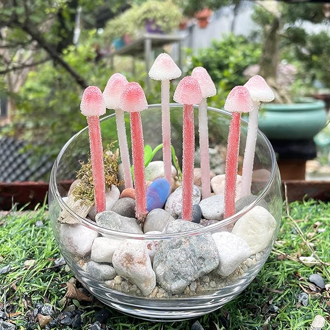 Handmade Glittery Pink Resin Clay Mini Mushrooms - 8Pcs Fairy Garden Decor with Frosted Beads, Miniature Terrarium Ornaments & Desk Plant Accessories Holiday Ornaments & Desktop Decorations
