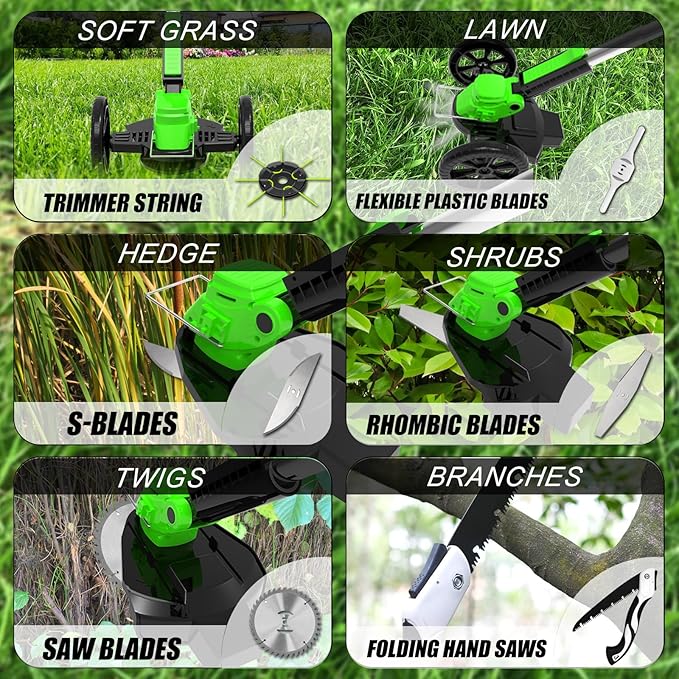 Electric Cordless Weed Wacker Eater Battery Powered Weed Trimmer with 2 21V/2.0Ah Battery Operated & Wheels & Charger & 5 Types Blades, No-String Brush Cutter/Grass Trimmer/Lawn Edger for Garden Yard