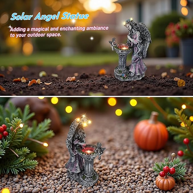 Solar Angel Figurine Lights Outdoor Waterproof Garden Statue with Color Changing Birdbath Fountain, Fairy Garden Decor for Outside Yard Patio Porch, Housewarming Gifts for Thanksgiving Christmas