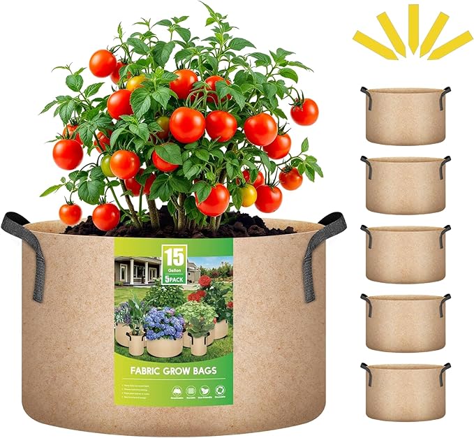 iPower 5 Pack 15 Gallon Grow Bags Heavy Duty 300G Thickened Nonwoven Fabric Plant Pots with 5 Labels & Handles for Outdoor Garden, Aeration Planter Bags for Fruits, Vegetables, Tomato & Flowers, Tan
