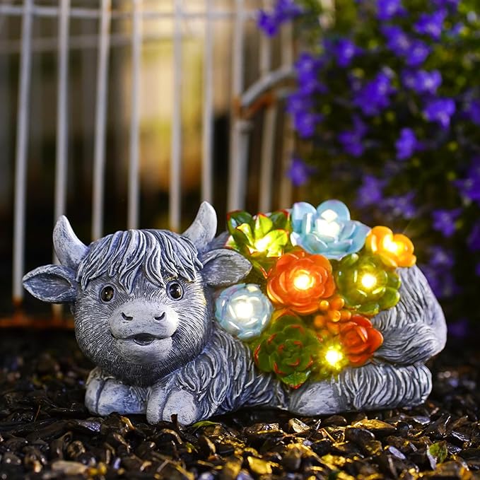 Nacome Solar Garden Statues Highland Cow with Succulent and 6 LED Lights - Lawn Decor for Patio Balcony Yard Ornaments - Birthday Gifts Mom Grandma Women(Grey)