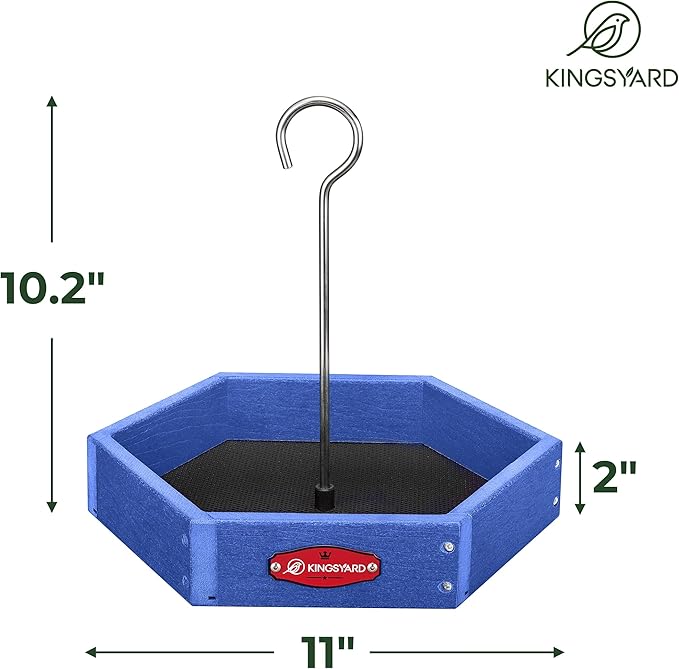 Kingsyard Large Hanging Platform Bird Feeder Weatherproof Durable, Recycled Plastic Tray with Metal Mesh, Easy Clean Outdoor Feeder for Cardinals Bluebirds Wild Birds, Blue