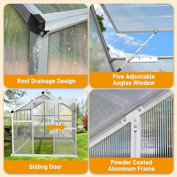 VINGLI 6x10FT Heavy Duty Polycarbonate Greenhouse with 5 Roof Vents, Aluminum Sliding Door, Silver