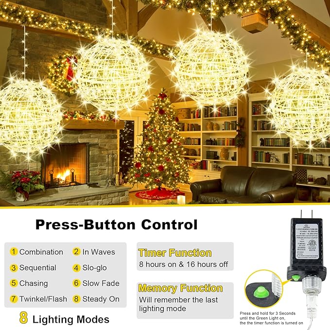 Christmas String Lights Outdoors,4 Pack 15.74" Sphere Lights,Ball Tree Garden Globe Lights for Home, Party, Christmas, Porch Patio,Wedding, Garden,Tree Decoration with Plug