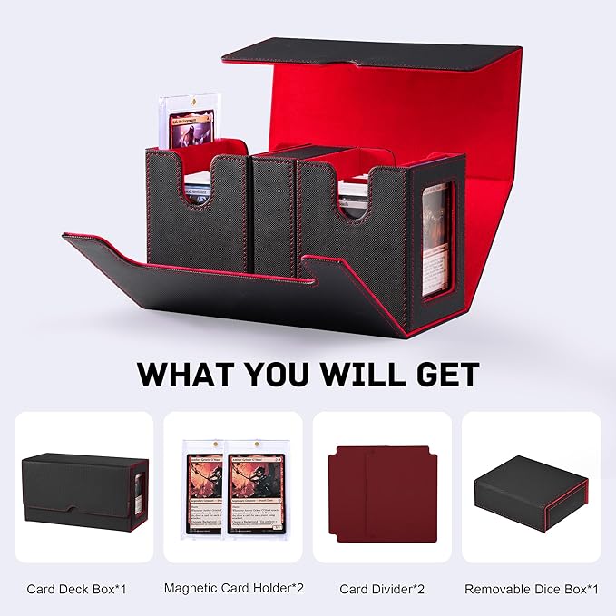Trading Card Deck Box with Commander Display，3 in 1 MTG Storage Holds 200 Double-Sleeved Cards，2 Deck Boxes & Dice Tray Included，Fits MTG, TCG, PTCG & Sports Cards