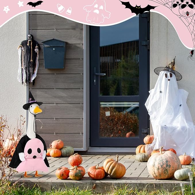 Sanwuta 1 Set Halloween Porch Goose Outfit Pink Ghost Pillow Design with Witch Hat for 23" Lawn Cement Goose Porch Geese Clothes Costume for Halloween Garden Patio Yard Outdoor Decorations