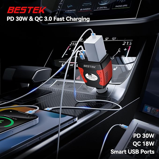 BESTEK 150W Car Power Inverter, Car Charger DC 12V to 110V AC Converter PD 30W QC 3.0 18W USB Charger Laptop Car Charger Outlet Power Adapter for Car