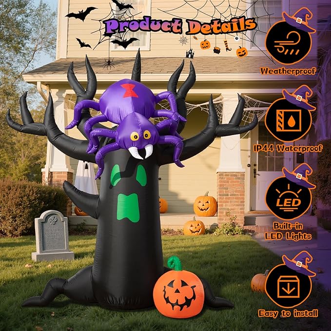 7FT Halloween Inflatable Tree with Giant Purple Spider and Pumpkin, Spooky Blow Up Yard Decoration with LED Lights for Outdoor Lawn, Garden, Party, Holiday Event Decor