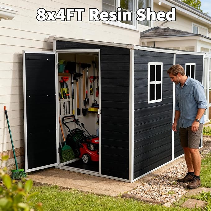 4‘x8’ Lean to Shed, Resin Storage Sheds Outdoor with Floor Included, Plastic Sheds & Outdoor Storage Clearance with 2 Windows, Backyard Storage Sheds for Garden Tools, Bicycle