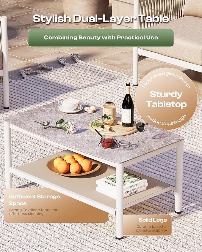 Aluminum Outdoor Patio Furniture Set, HDPE Rope 5 Piece Modern Sectional Conversation Sets with Dual-Layer Coffee Table, All Weather Patio Couch Sofa with Thick Cushions, White Frame, Ivory