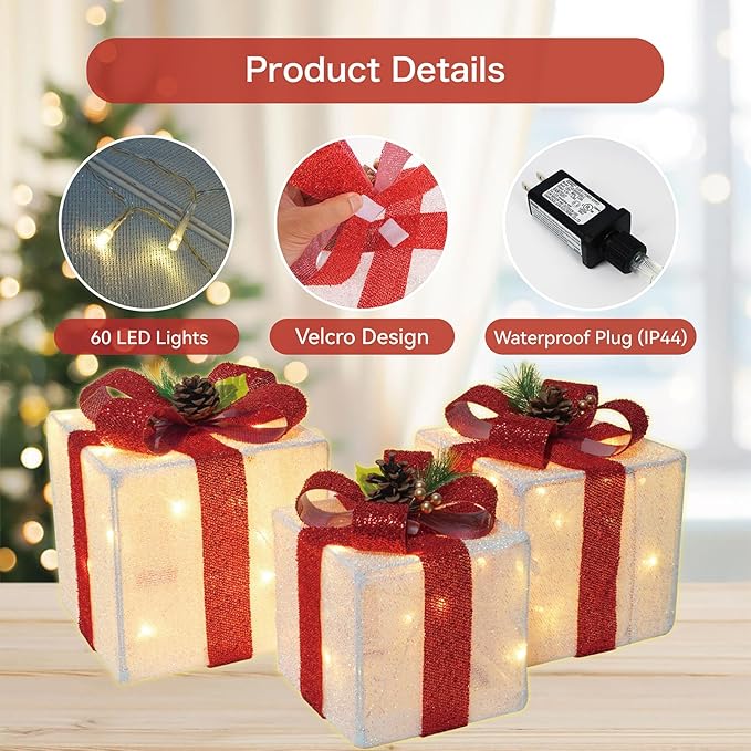 Set of 3 Christmas Lighted Gift Boxes, 60 LED Light Up Present Boxes for Christmas Decorations Indoor Outdoor Yard Xmas Tree Holiday Party Lawn Porch Home(Max. 8.5")