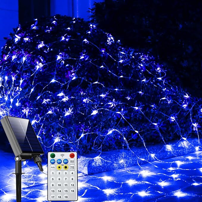 Solar Net Lights Outdoor Mesh Lights Blue, 200 LED Net Lights Christmas, Waterproof 19 Modes Timer Tree Wrap Lights for Fence, Garden, Yard, Bushes, Trunk, Halloween Decor-9.8ft x 6.6ft